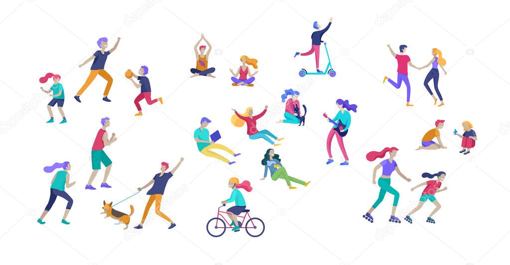 People Spending Time, Relaxing on Nature, family and children performing sports outdoor activities at park, walking dog, doing yoga, riding bicycles, tennis workout. Cartoon vector