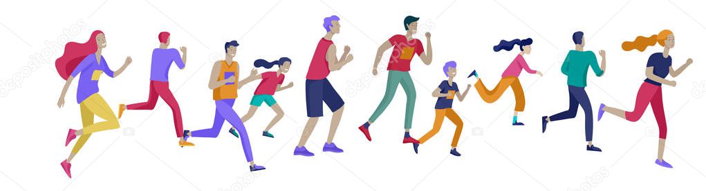 People Marathon Running Sport race sprint, concept illustration running men and women wearing sportswer in landscape. Jogging at Training. Healthy Active Speed Exercise. Cartoon Vector