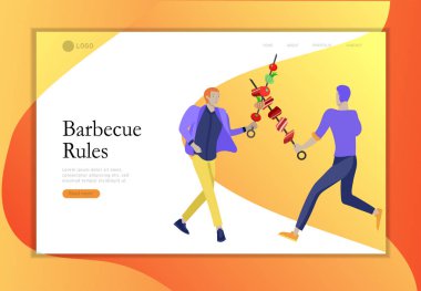 Açılış sayfası şablon insanlar Barbekü hazırlamak. Barbekü partisi. İnsanlar et ızgarada. Kavramsal modern ve trendy renkli vektör illüstrasyon