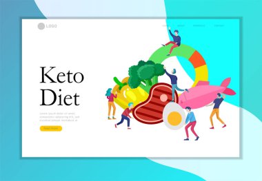 Keto diyet açılış sayfası şablonu. Düşük karbonhidrat diyet grafik ile Karikatür insanlar karakter kavramı. Depresyon için sağlıklı ketojenik durum. Organik çiğ beslenme paleo gıda mağara adamı