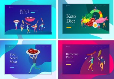 Açılış sayfası şablonu insanlar barbekü hazırlanıyor. Barbekü partisi. İnsanlar et ızgarası. Düşük karbonhidrat diyet grafik ile Keto diyet Karikatür insanlar karakter kavramı. Sağlıklı ketojenik