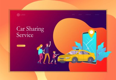 Açılış sayfası şablonu mobil şehir ulaşım, karikatür aile insanlar karakter ve akıllı telefon ile online araba paylaşımı, online araba paylaşımı. Vektör düz stil