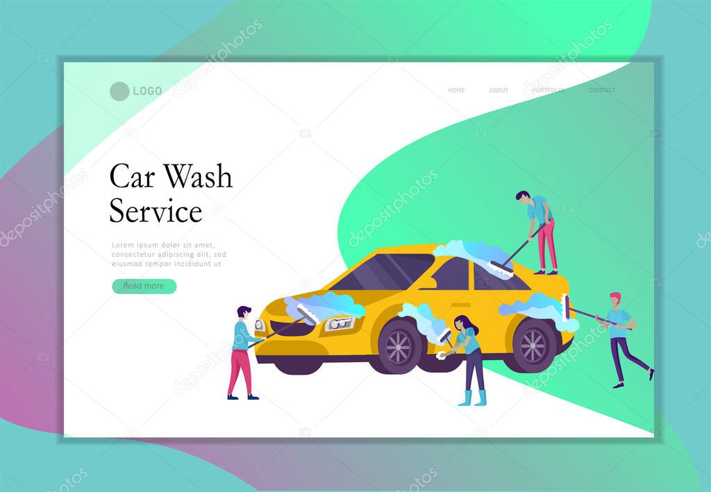 Landing page template cleaning vehicle with special equipment. Car wash service, automatic carwash concept. Vector flat style