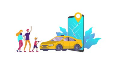 Mobile city transportation, online car sharing with cartoon family people character and smartphone, online carsharing. Vector flat style clipart