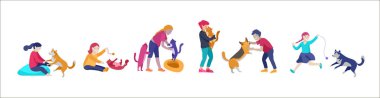 Kedi ve köpek ile çocukların Vektör illüstrasyon seti. Mutlu, komik çocuklar oynarken, aşk ve kedi yavruları, düz karikatür evcil hayvan bakımı