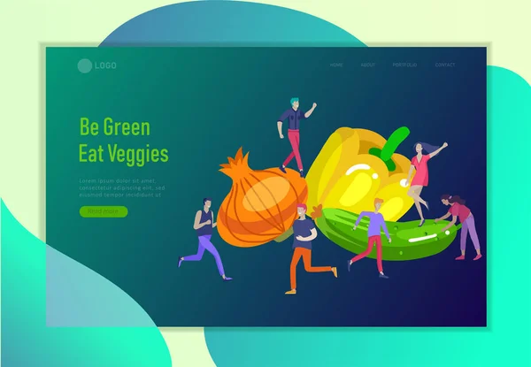 Landing page template with Happy People with vegetable and healthy food, jumping and dansing. Veggie recipe, vegetarian diet and detox concept, eco friendly lifestyle. Colorful — Stock Vector