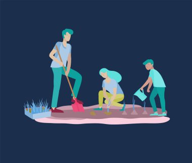 Aile hobi faaliyetlerinin koleksiyonu. Anne, baba ve çocuklar kızı bahçe ve bitki filizöğretmek. Karikatür