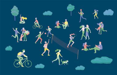 İnsanlar zaman geçiriyorlar, doğada dinleniyorlar, aile ve çocuklar parkta spor yapıyorlar, köpek gezdiriyorlar, yoga yapıyorlar, bisiklete biniyorlar, tenis oynuyorlar. Çizgi film vektörü