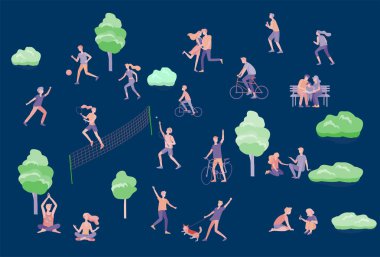 İnsanlar zaman geçiriyorlar, doğada dinleniyorlar, aile ve çocuklar parkta spor yapıyorlar, köpek gezdiriyorlar, yoga yapıyorlar, bisiklete biniyorlar, tenis oynuyorlar. Çizgi film vektörü