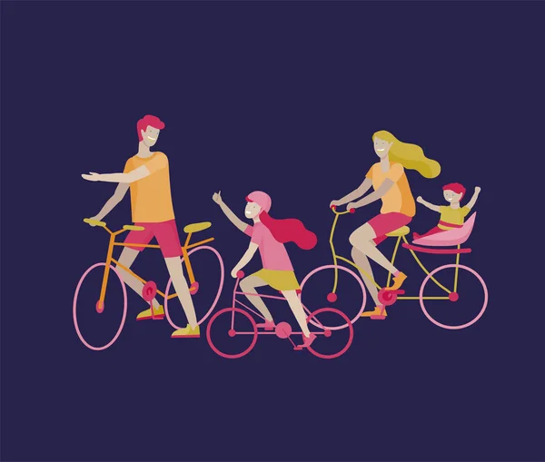 Kumpulan kegiatan hobi keluarga. Ibu, ayah dan anak-anak naik sepeda, berjalan, roller skating, bermain bola dan menari bersama. Vektor Kartun - Stok Vektor