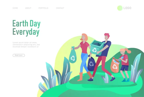 Landing page template with people Recycle Sort Garbage in different container for Separation to Reduce Environment Pollution. Family with kids collect garbage. Earth Day vector cartoon — Stock Vector