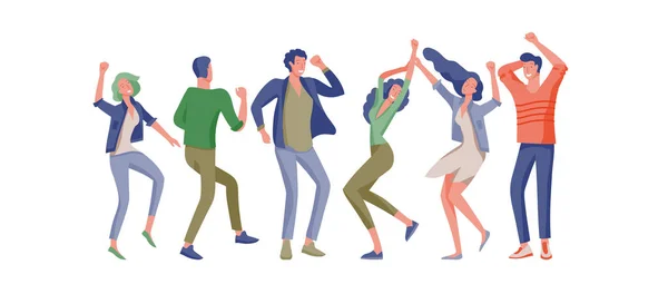 Personagem pulando em várias poses. Grupo de jovens alegre rindo pessoas pulando com as mãos levantadas. Felizes jovens homens e mulheres positivos —  Vetores de Stock
