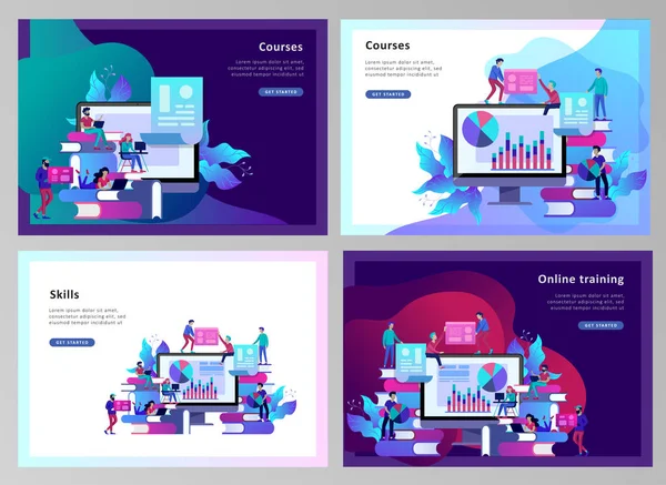 Concept Modèle de page de destination Éducation, études sur Internet, formation en ligne, livre en ligne, tutoriels, e-learning pour les médias sociaux, enseignement à distance, documents, cartes — Image vectorielle