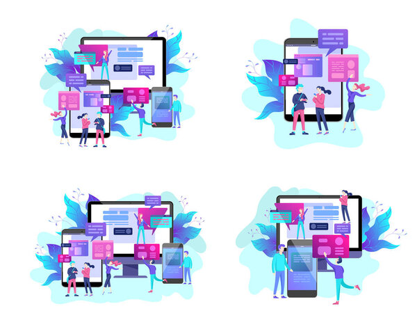 Концепция посадки шаблон страницы, плоский стиль, бизнесмены обсуждают социальные сети, новости, социальные сети
