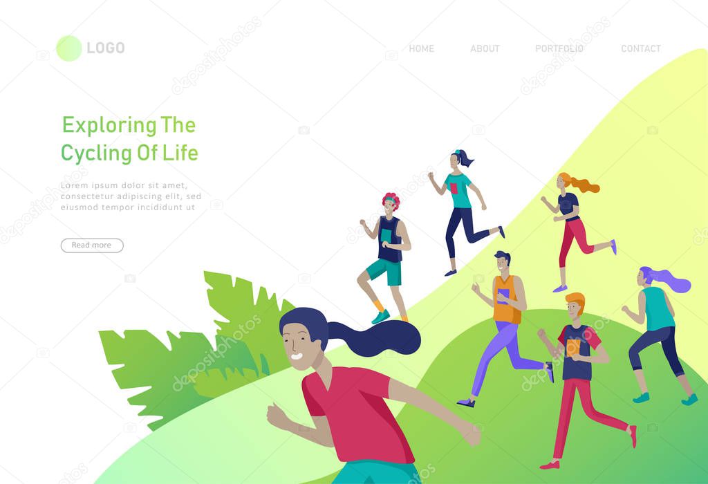 Landing page template with running group People, man doing workout, couple running on sunset. Healty life concept. People performing sports outdoor activities. Cartoon