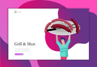 Açılış sayfası şablon insanlar Barbekü hazırlamak. Barbekü partisi. İnsanlar et ızgarada. Kavramsal modern ve trendy renkli vektör illüstrasyon