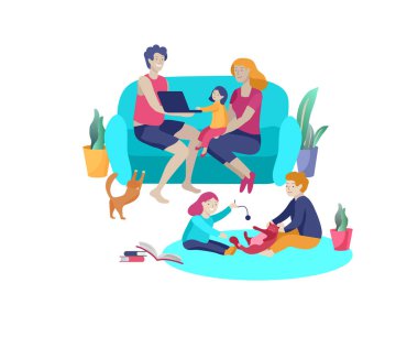 Aile hobi faaliyetlerinin toplanması. Anne, baba ve çocuklar evde birlikte dinlenirken, çocuklar kediyle oynuyor. Karikatür vektörü
