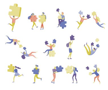 Puzzle Infographic ile vektör karakter iş insanları çözüm var. Gol düşünme. Bir ekip oluşturmak için Grup tarafından işbirliği. Konsept Web Tasarım renkli düz kavramı