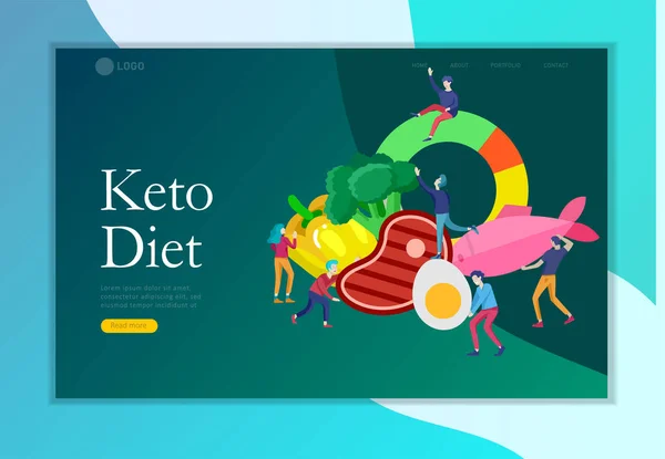 Modelo de landing page de dieta Keto. Desenhos animados personagens conceito com baixo teor de carboidratos dieta gráfico. Estado cetogénico saudável para a depressão. Nutrição orgânica cru paleo homem das cavernas alimentos — Vetor de Stock