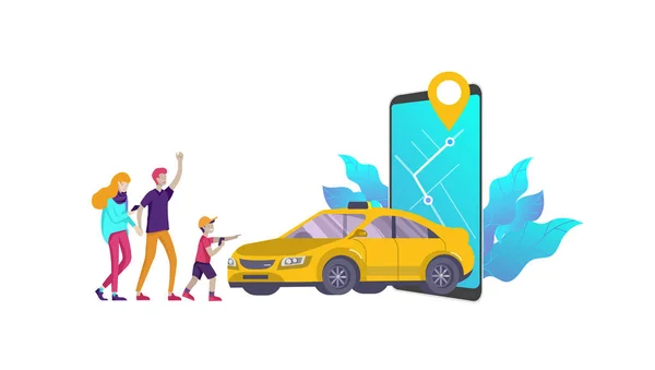 Mobiler Stadtverkehr, Online-Carsharing mit Cartoon-Familiencharakter und Smartphone, Online-Carsharing. Vektor flach — Stockvektor