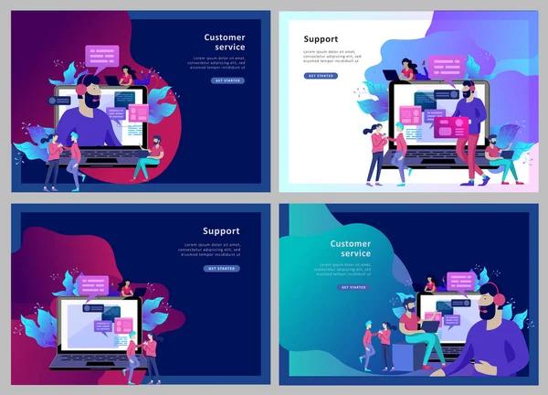 Concept Modèle de page d'atterrissage service à la clientèle, opérateur de hotline mâle conseille le client, support technique mondial en ligne, client — Image vectorielle