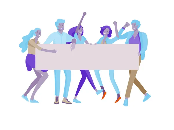 Zakenmensen verhuizen, dansen en houden lege banner en staan. Mensen die deelnemen aan Parade of rally. Mannelijke en vrouwelijke demonstranten of activisten. Moderne vector illustratie platte concepten — Stockvector