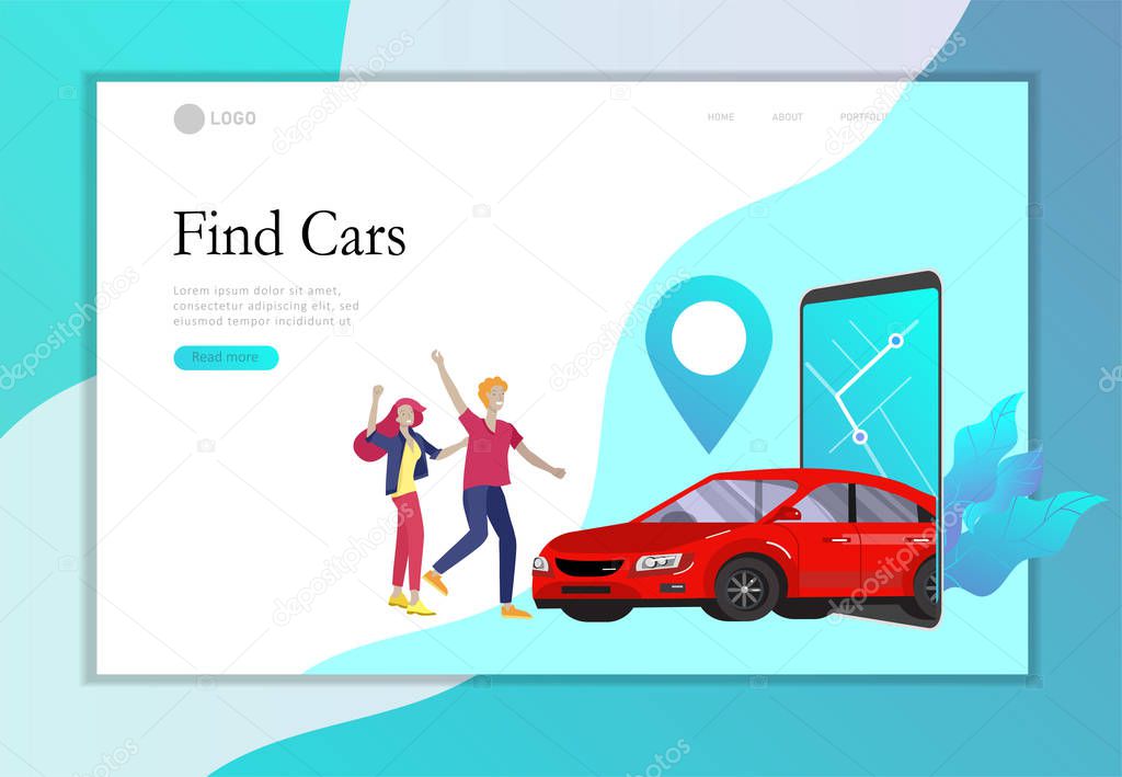 Landing page template mobile city transportation, online car sharing with cartoon family people character and smartphone, online carsharing. Vector flat style