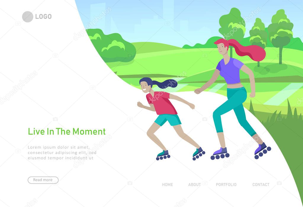 Landing page template with People group running, riding bicycles, tennis workout, rollerblading. Family and children performing sports outdoor activities at park or Nature. Cartoon