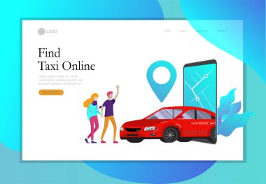 Açılış sayfası şablonu mobil şehir ulaşım, karikatür aile insanlar karakter ve akıllı telefon ile online araba paylaşımı, online araba paylaşımı. Vektör düz stil