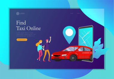 Açılış sayfası şablonu mobil şehir ulaşım, karikatür aile insanlar karakter ve akıllı telefon ile online araba paylaşımı, online araba paylaşımı. Vektör düz stil