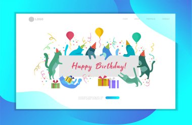 Sevimli kediler mutlu Doğum günü daveti ile boş Banner tutan ile açılış sayfası şablonu. Mutlu sevimli kedicik. Karikatür tarzı vektör