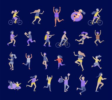 Illustration of children playing and doing activities, happy kids with gadgets, running, jumping and with bags and gift, ride a bike, swim clipart