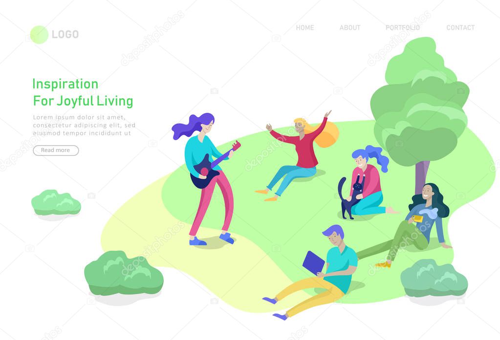 Landing page template with People Spending Time, Relaxing on Nature, family with child reading book, walking dog, man sleep on bench, group people listen playing guitar girl. Cartoon
