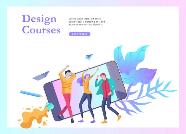 Modelos de landing page definido com a equipe Pessoas se movendo. Convite de negócios e festa corporativa, cursos de treinamento de design, sobre nós, equipe de especialistas, trabalho em equipe feliz. Design de caracteres planos — Vetor de Stock