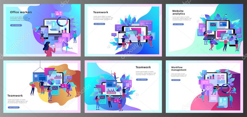 Concept illustration of business, office workers analysis of the evolutionary scale, SEO, market research Web site coding, internet search optimization. Landing page template, social