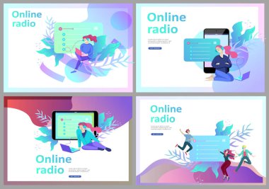 İnternet üzerinden radyo dinleme kavramı, insanlar rahatlar, dans dinlerler. Müzik uygulamaları, müzik listesi çevrimiçi şarkılar, radyo istasyonu. Müzik blogu, ses kayıt stüdyosu. İniş sayfası