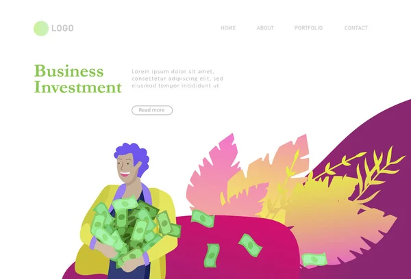 Landing page template Happy people with money, characters in move make money. Business investment, money rain, men and woman run with profit, catch bills. Cartoon style, flat vector