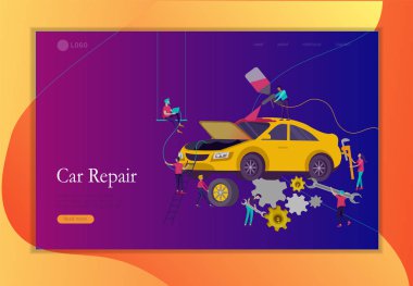 Açılış sayfası şablon araba servisi tamir sahip, insanlar boya araba, tekerlek değiştirmek, otomobil tamir dükkanı, araç servis konsepti. Vektör düz stil