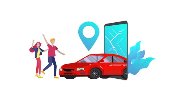 Mobiler Stadtverkehr, Online-Carsharing mit Cartoon-Familiencharakter und Smartphone, Online-Carsharing. Vektor flach — Stockvektor