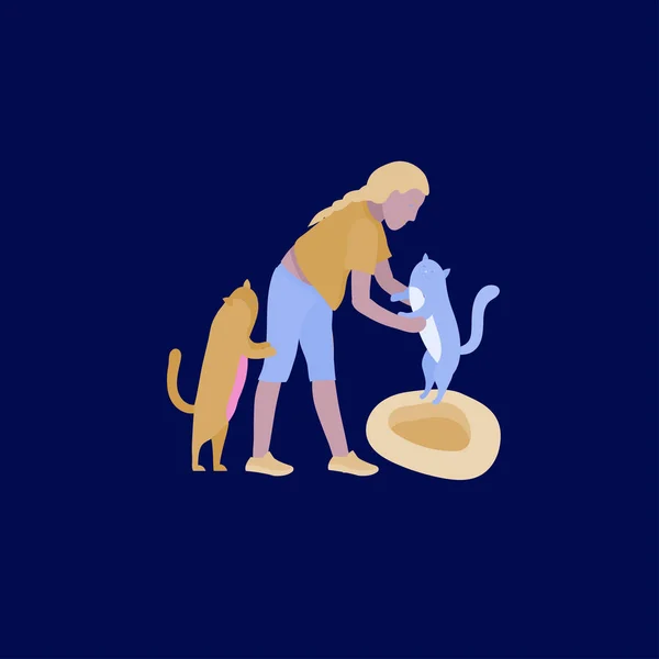 Ensemble d'illustrations vectorielles d'enfants avec chats et chiens. Enfants heureux et drôles jouant, aimant et prenant soin des chatons, animaux de compagnie dans un dessin animé plat — Image vectorielle