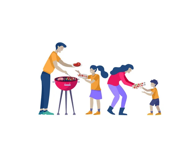Sammlung von Familienhobby-Aktivitäten. Mutter, Vater und Kinder grillen gemeinsam. Karikaturenvektor — Stockvektor