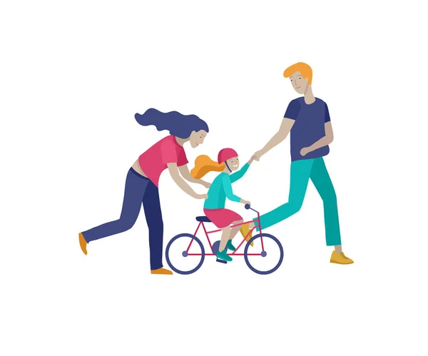 Coleção de atividades de hobby familiar. Mãe, pai e filhos ensinam a filha a andar de bicicleta juntos. Vetor dos desenhos animados —  Vetores de Stock