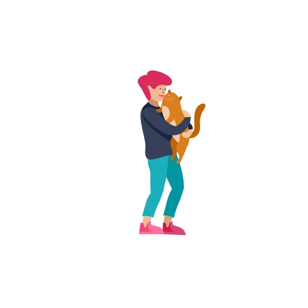 Conjunto de ilustrações vetoriais de crianças com gatos e cães. Feliz, engraçado crianças brincando, amor e cuidar de gatinhos, animais de estimação em desenhos animados planos — Vetor de Stock