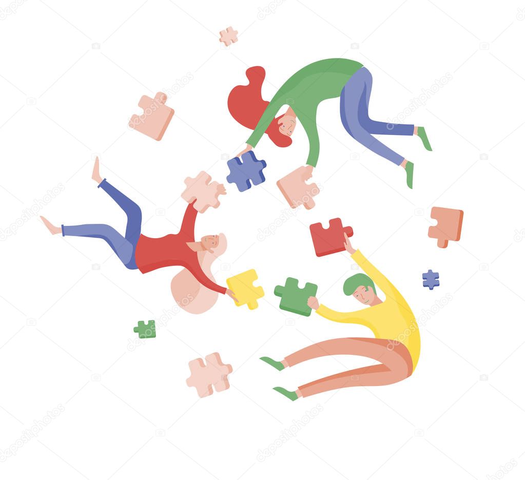 Vector character business people with infographic of puzzle have solution. Goal thinking. Cooperation by group to create a team. Concept for web design Colorful flat concept