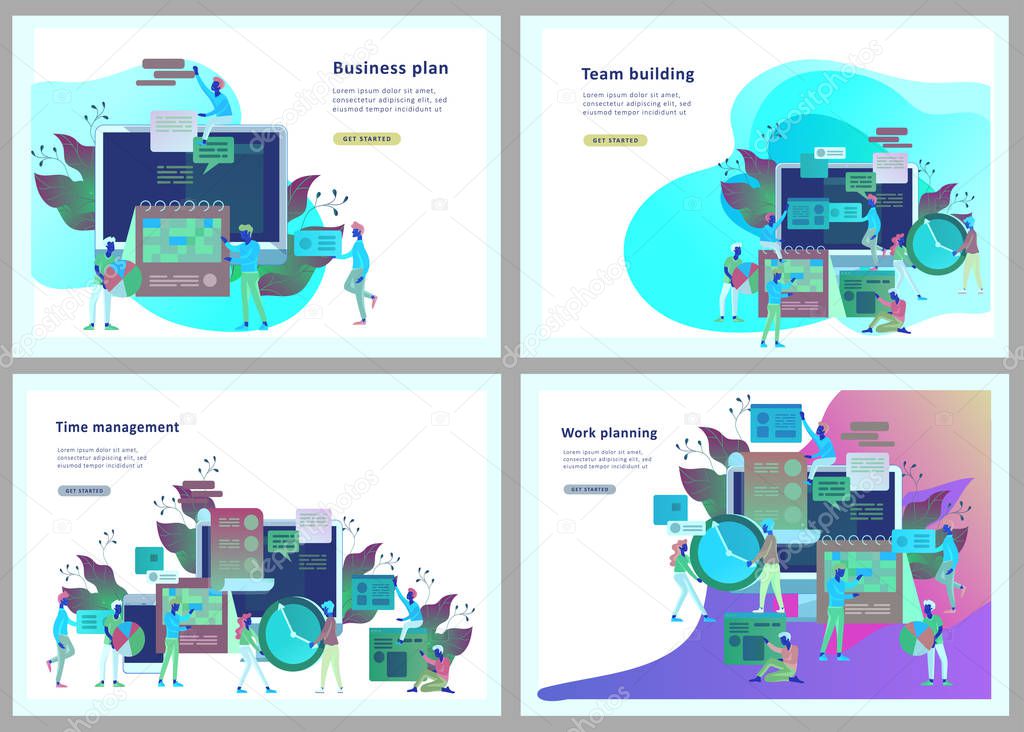 Landing page template of planning timework management people. Businnes Start Up Concept. Income and Success. Workers are studying the infographic, the analysis of evolutionary scale. Vector Business
