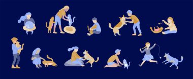 Kedi ve köpek ile çocukların Vektör illüstrasyon seti. Mutlu, komik çocuklar oynarken, aşk ve kedi yavruları, düz karikatür evcil hayvan bakımı