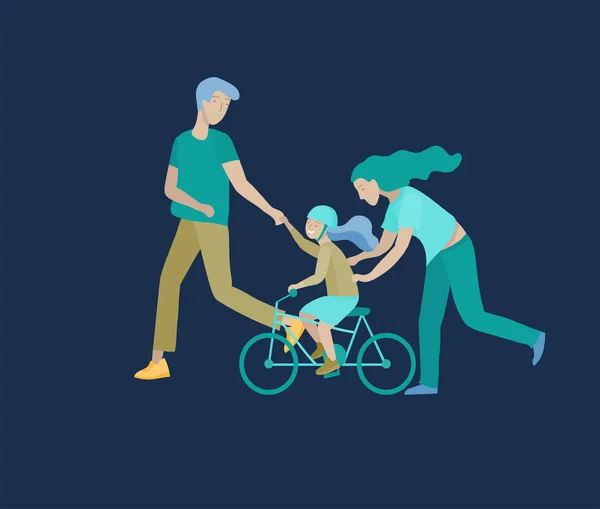 Colección de actividades de hobby familiar. Madre, padre e hijos enseñan a su hija a montar en bicicleta juntos. vector de dibujos animados — Archivo Imágenes Vectoriales