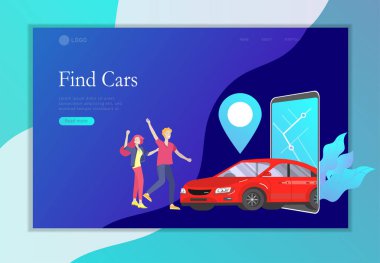 Açılış sayfası şablonu mobil şehir ulaşım, karikatür aile insanlar karakter ve akıllı telefon ile online araba paylaşımı, online araba paylaşımı. Vektör düz stil