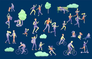 İnsanlar zaman geçiriyorlar, doğada dinleniyorlar, aile ve çocuklar parkta spor yapıyorlar, köpek gezdiriyorlar, yoga yapıyorlar, bisiklete biniyorlar, tenis oynuyorlar. Çizgi film vektörü