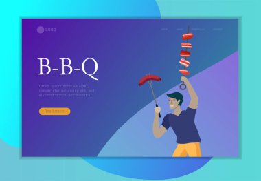 Açılış sayfası şablon insanlar Barbekü hazırlamak. Barbekü partisi. İnsanlar et ızgarada. Kavramsal modern ve trendy renkli vektör illüstrasyon